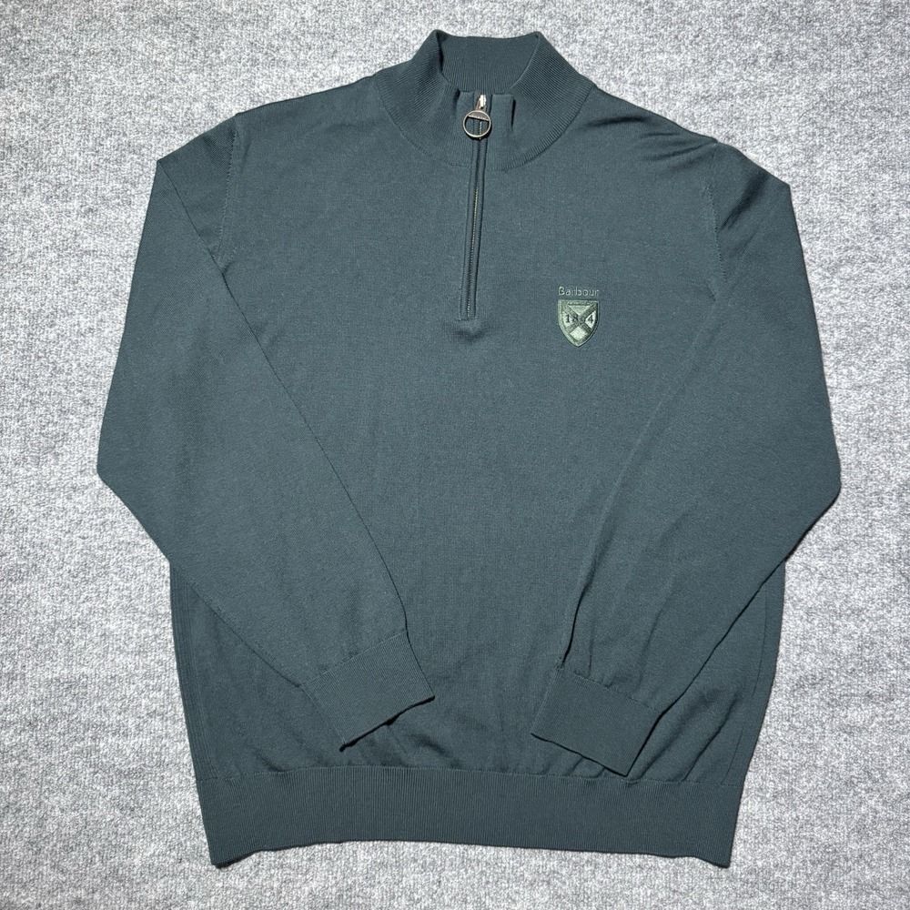 Barbour‎ Quarter Zip Green Wool Sweater Size XL 1804 Crest Long Sleeve Crew Neck